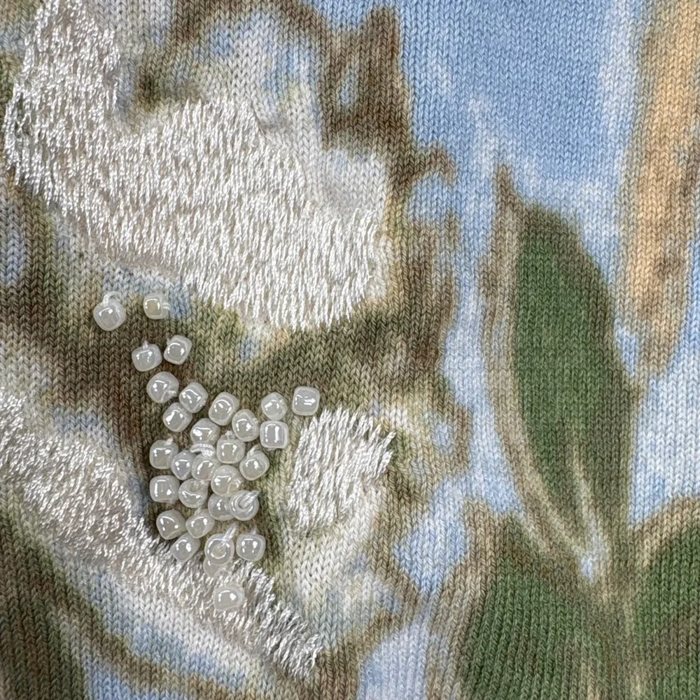 Talbots Floral Light Blue Beaded Short Sleeve‎ V Neck Cardigan Sweater XLP
